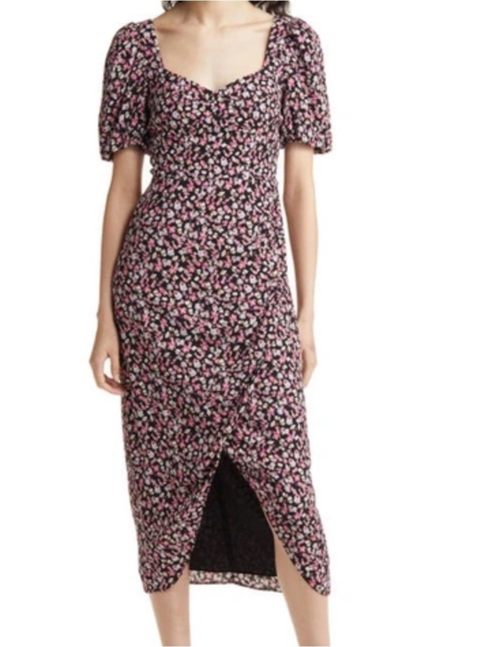 Charles Henry Black Midi Dress with Pink Floral Print